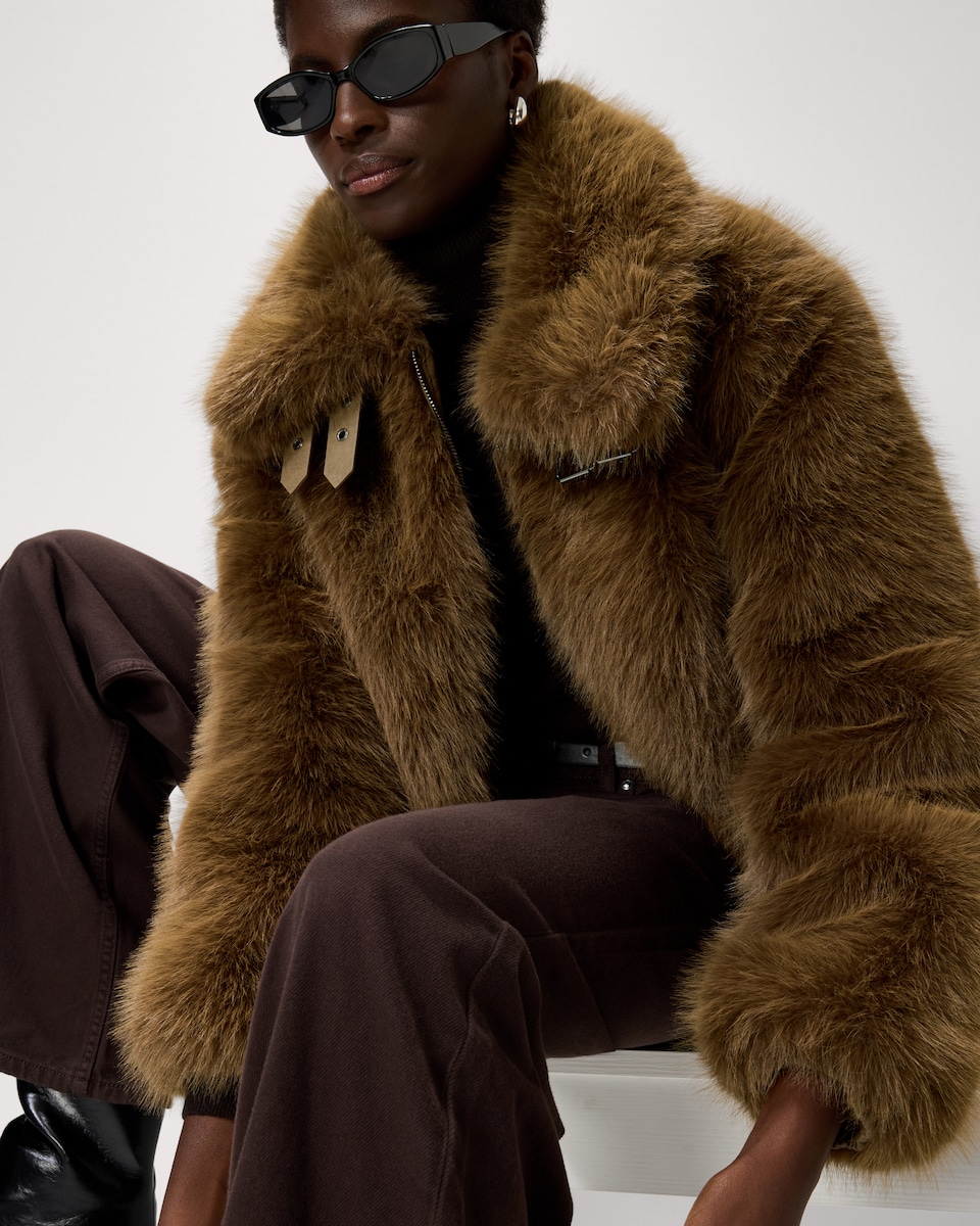 image 1 of F&F Faux Fur Aviator Jacket in Tobacco