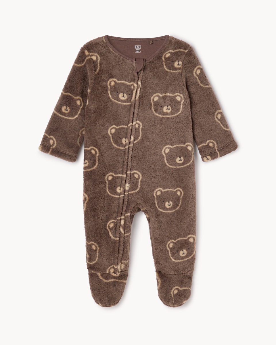 image 1 of F&F Baby Bear Printed Fleece Sleepsuit in Brown