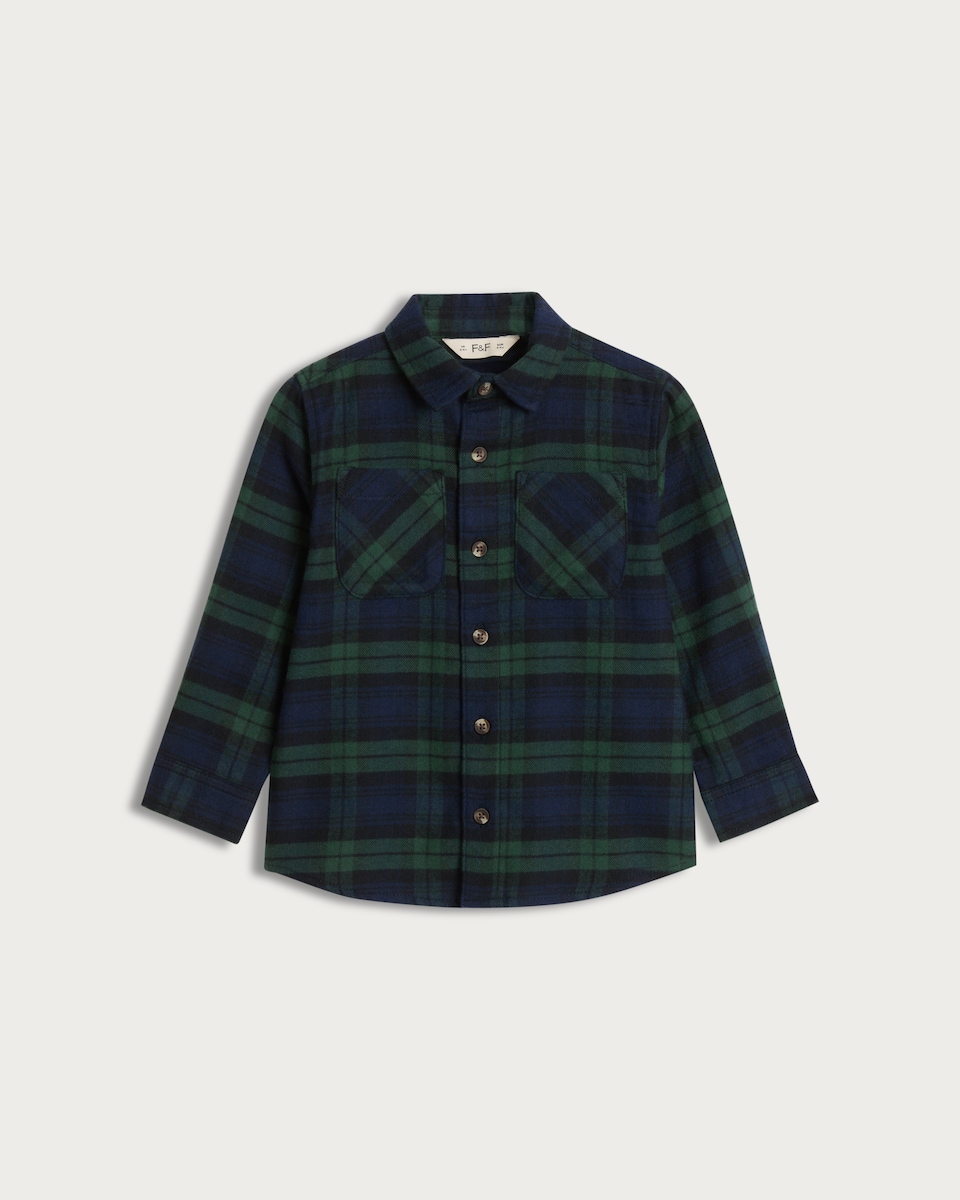 image 1 of F&F Boys Cotton Rich Check Print Long Sleeved Shirt in Green