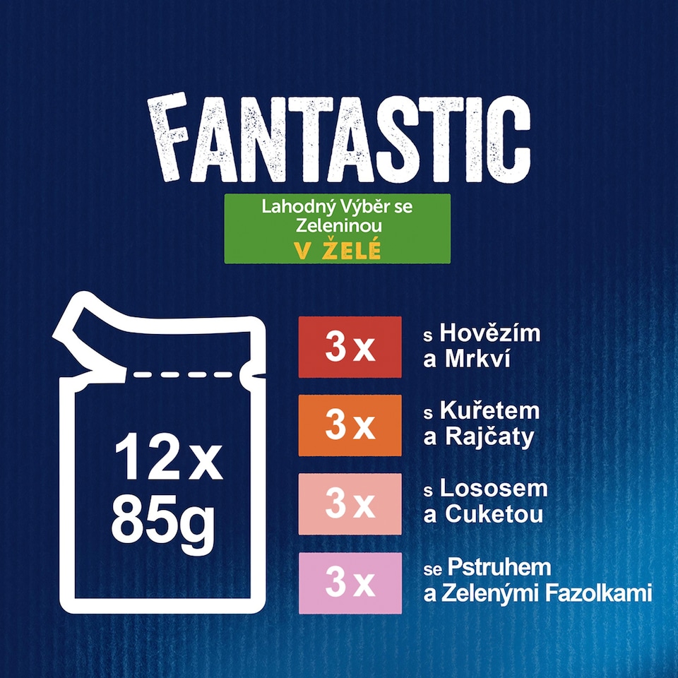 Obrázek 1 pro produkt Felix Fantastic kapsičky pro kočky hovězí, kuře, losos, pstruh 12 x 85g