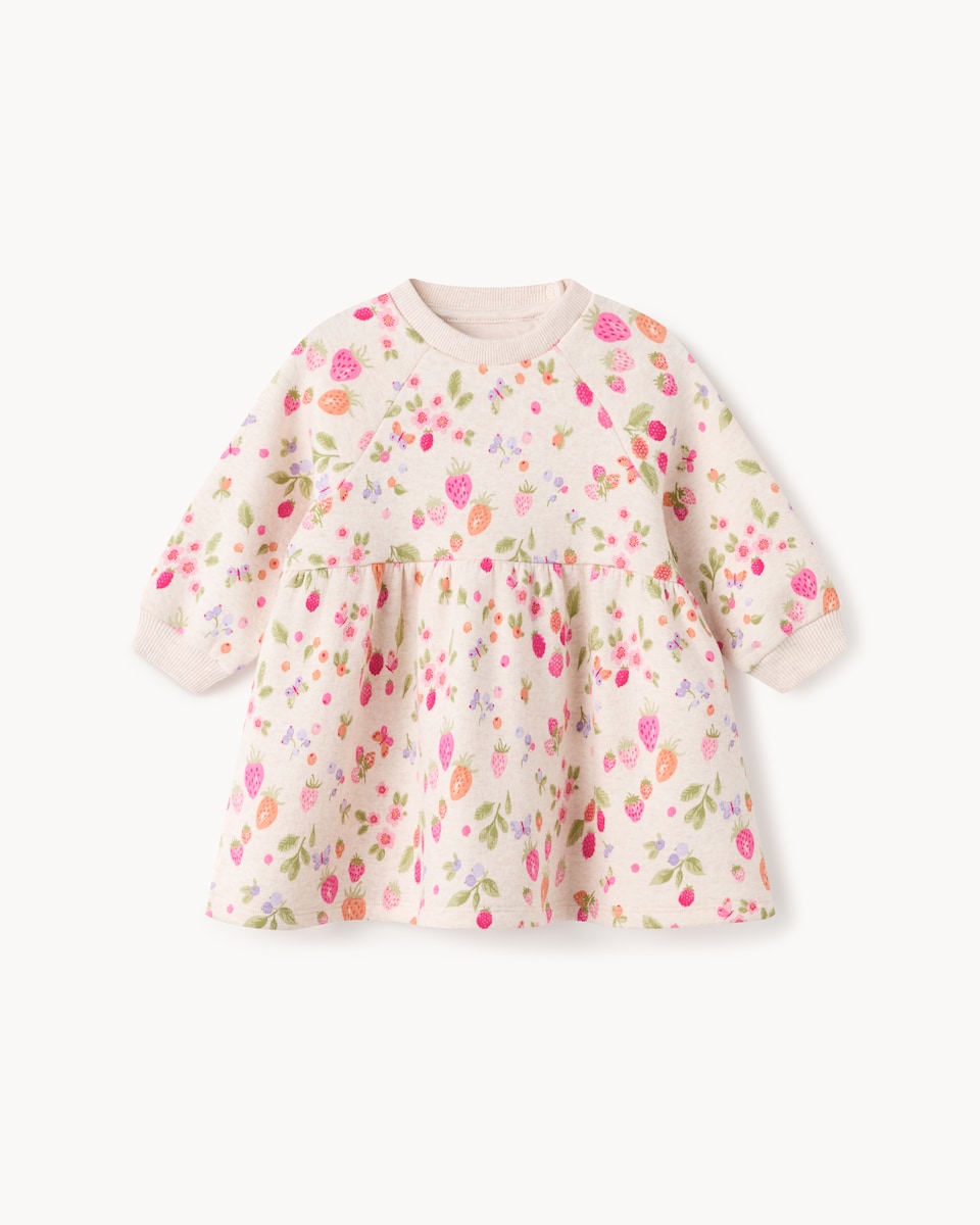 image 1 of F&F Baby Cotton Rich Strawberry Sweat Dress in Neutral