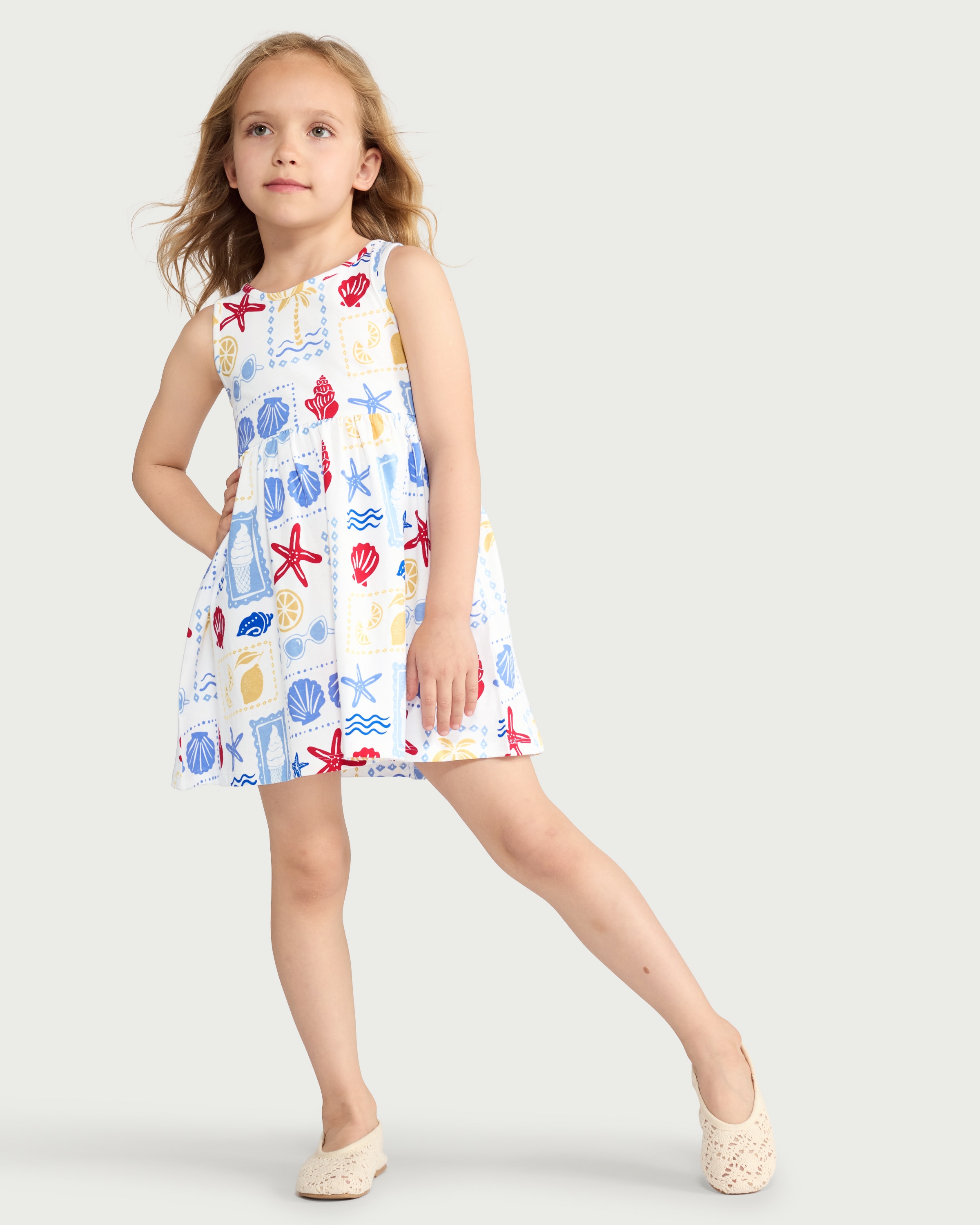 F&F Girls Pure Cotton Sea Life Sleeveless Dress in Multi White