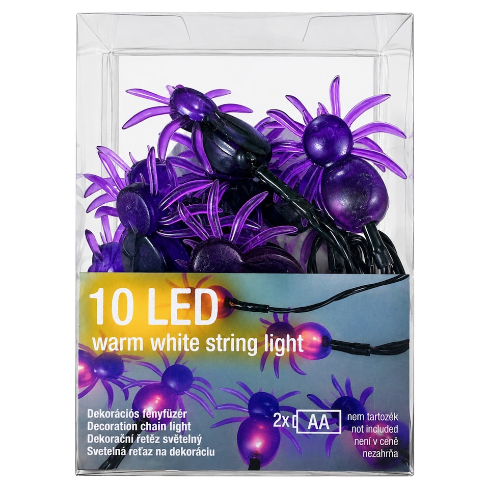 Fall Meister FM0081 10 LED-es elemes melegfehér dekorációs fényfűzér lila pókokkal