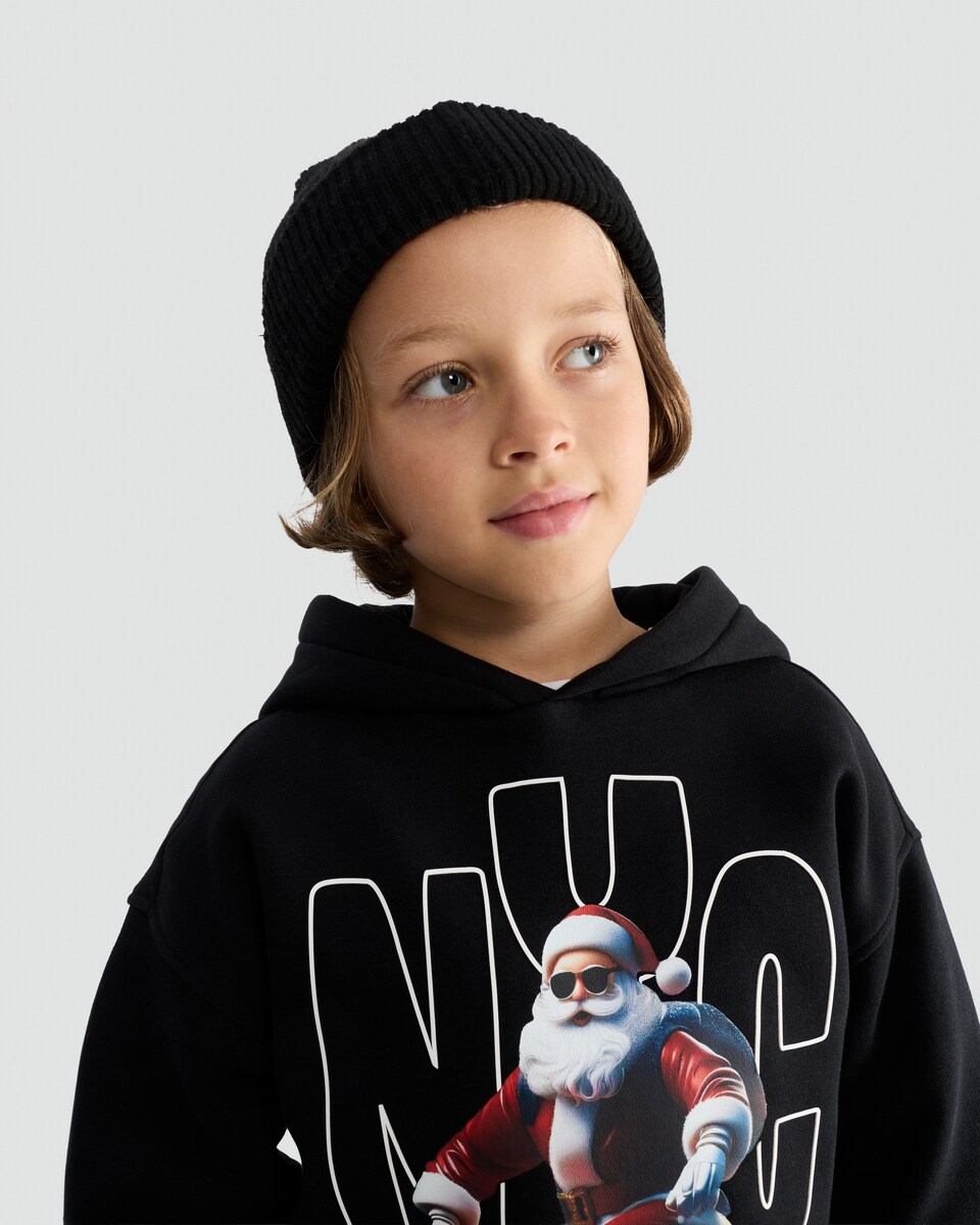image 1 of F&F Boys Cotton Rich NYC Santa Skateboarding Hoodie in Black