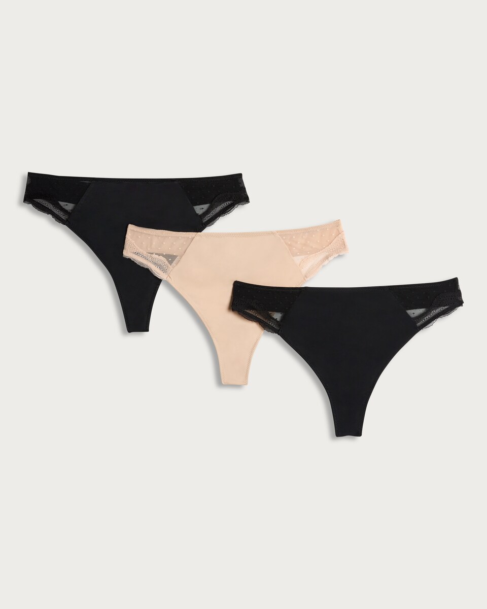 image 1 of F&F 3-Pack Lace Trim Thongs in Multi Black White