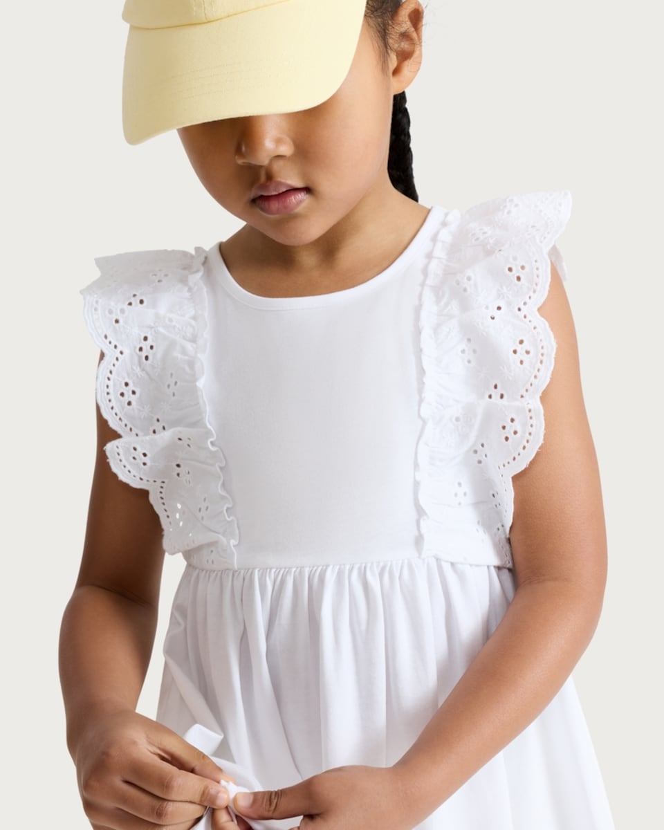 image 1 of F&F Girls Pure Cotton Broderie Frill Dress in Cream
