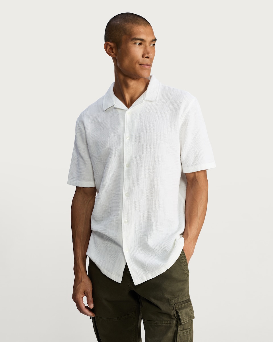 image 1 of F&F Pure Cotton Textured Relaxed Fit Short Sleeved Revere Shirt in White