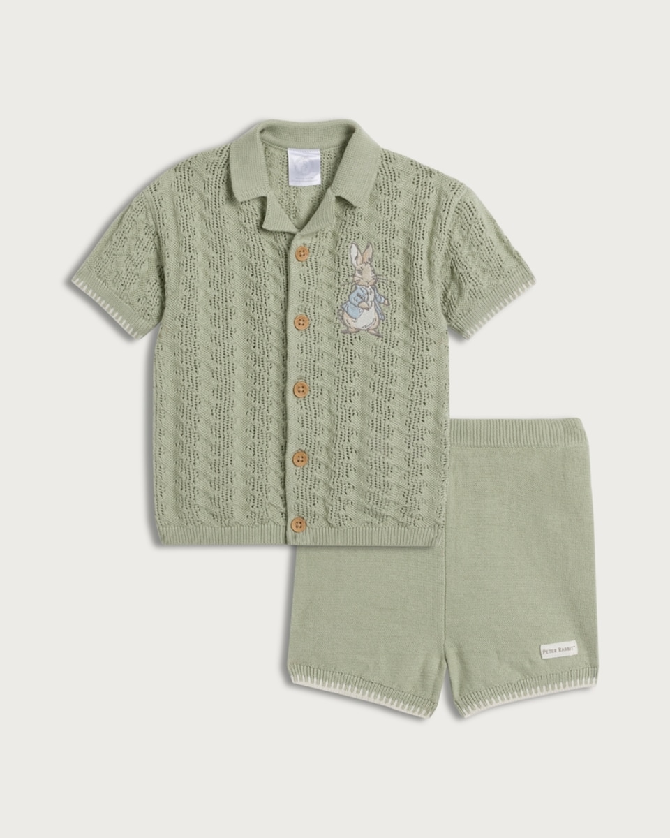 Peter Rabbit 2-Piece Pure Cotton Knitted Polo Shirt and Shorts Set in Green