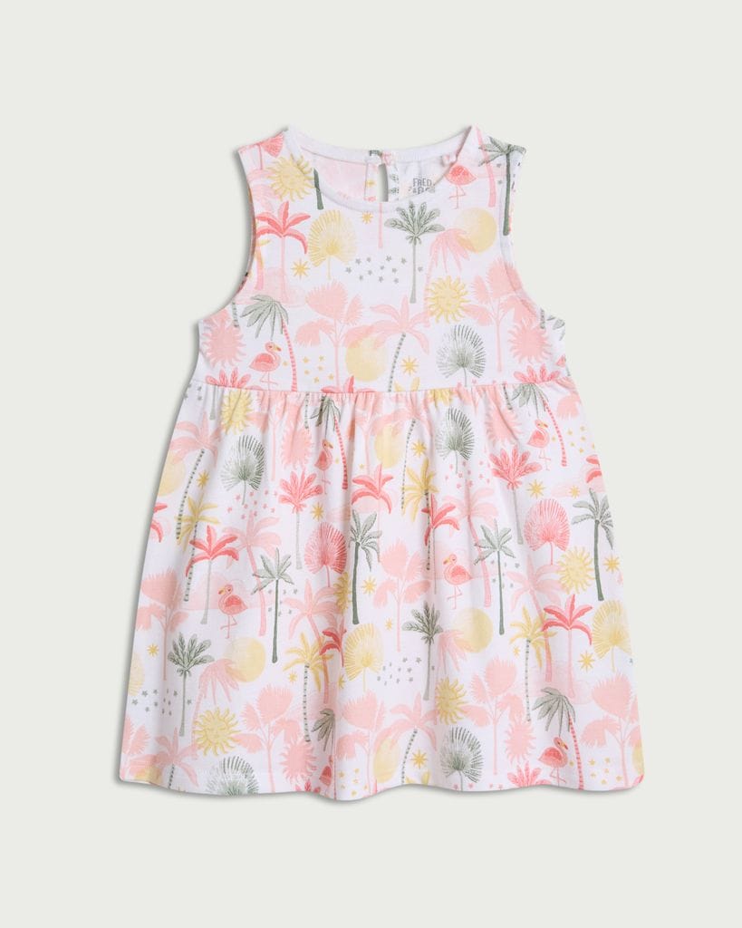 F&F Baby Pure Cotton Tropical Print Sleeveless Dress in White