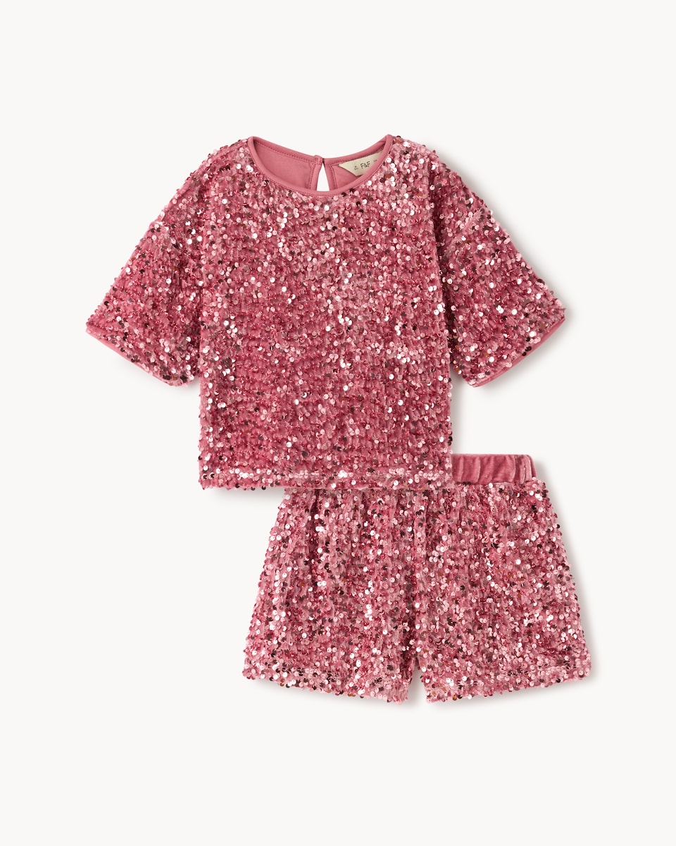 image 1 of F&F Girls Sequin Top and Shorts Set in Pink