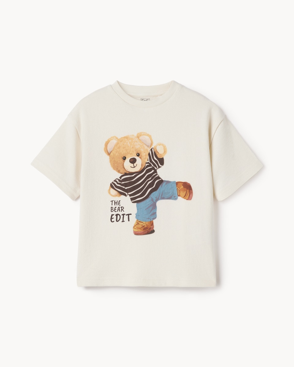 image 1 of F&F Boys Pure Cotton Bear T-Shirt in Cream