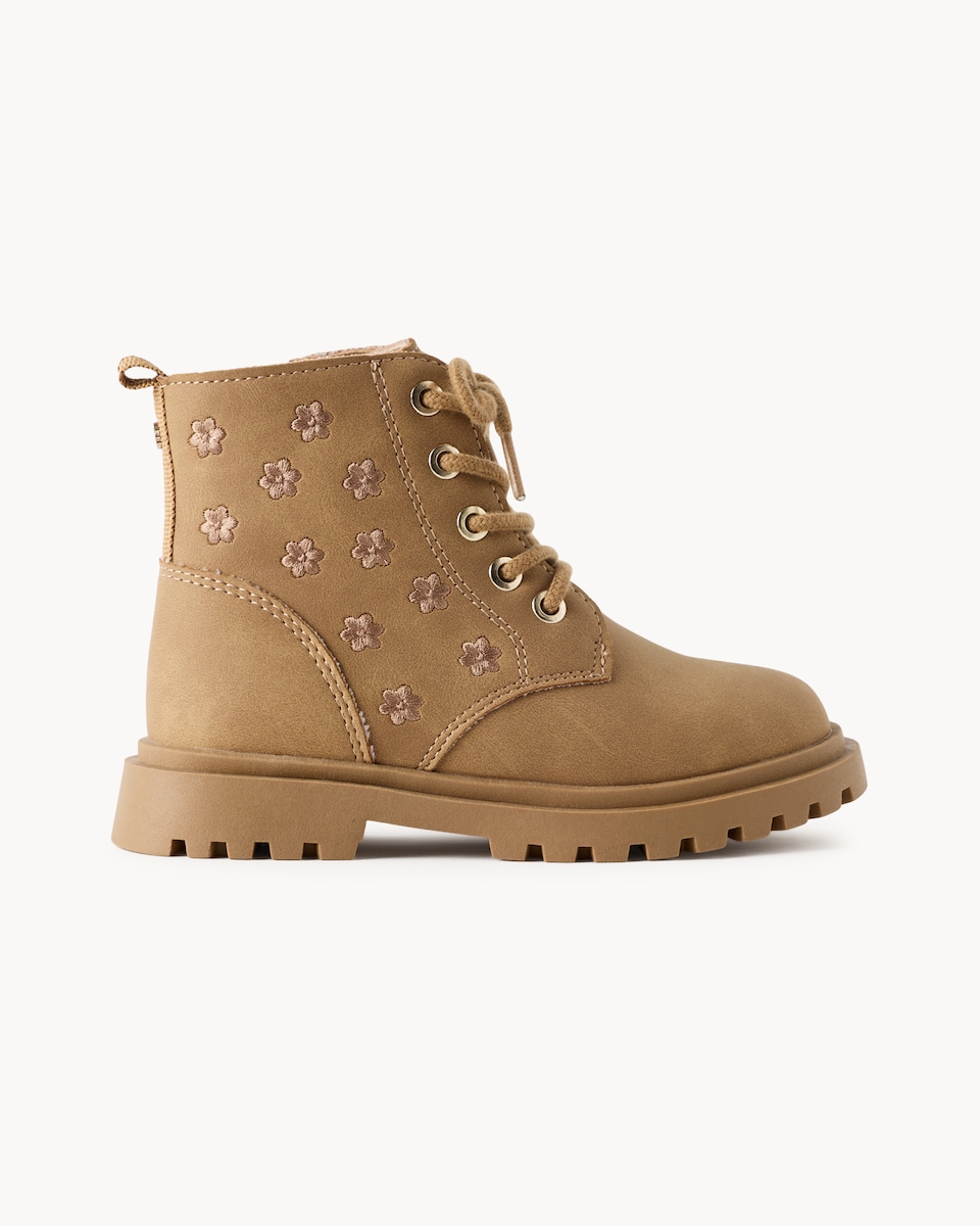 image 1 of F&F Girls Embroidered Lace Up Ankle Boots in Tan