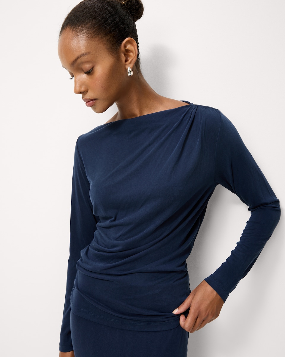 image 1 of F&F Ruched Long Sleeved Co-ord Top in Navy