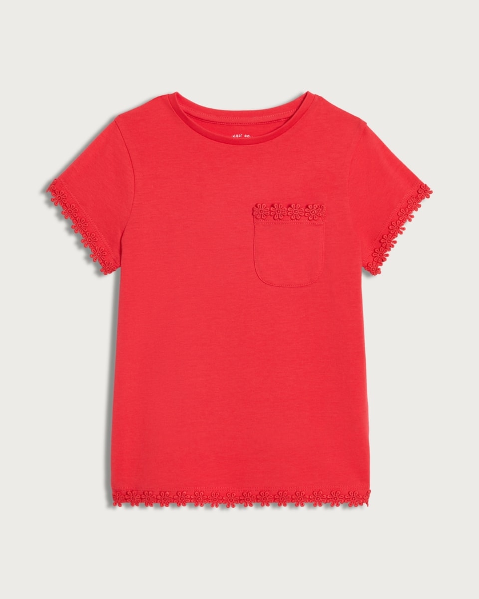 image 1 of F&F Girls Pure Cotton Embroidered Trim T-Shirt in Red