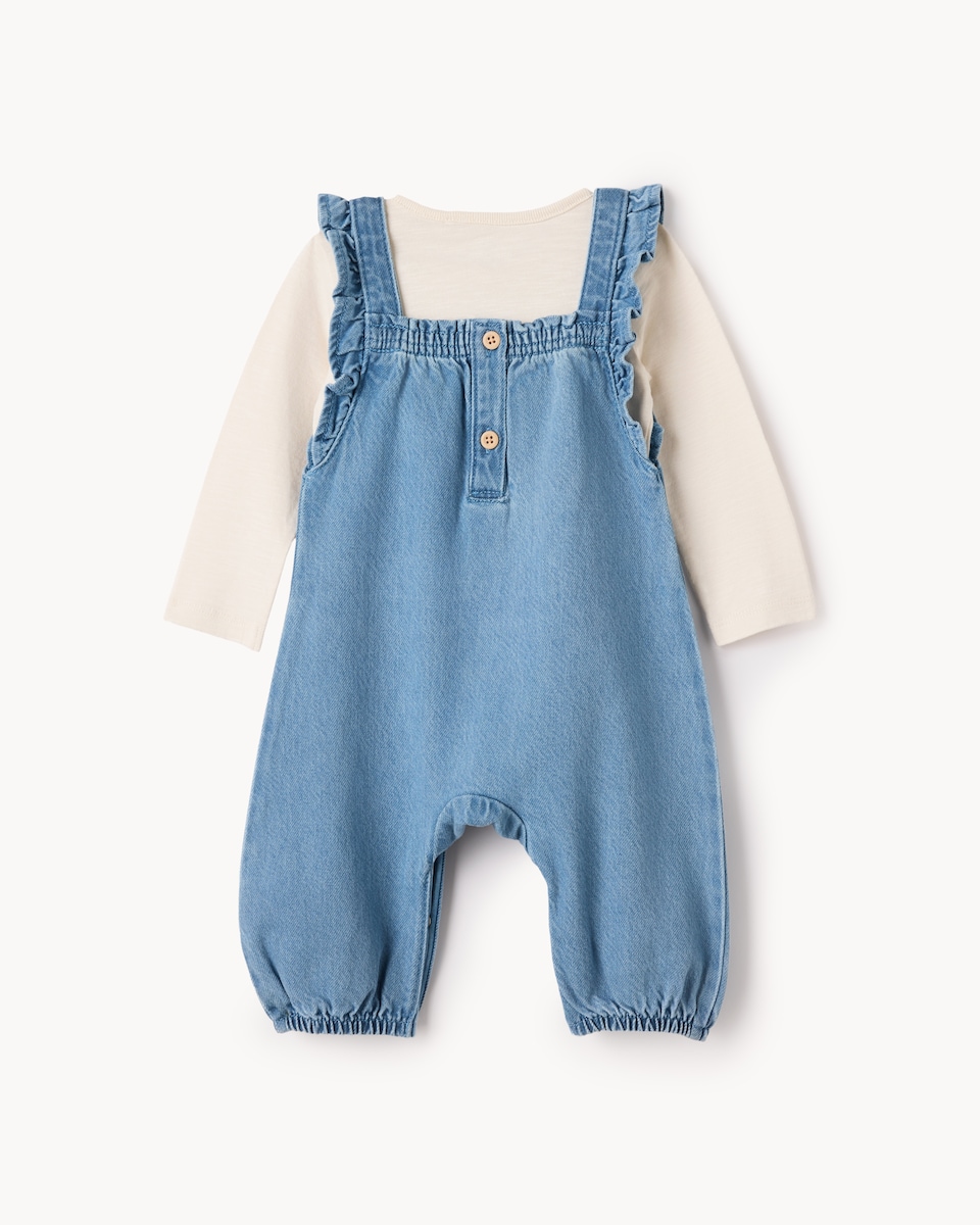 image 1 of F&F Baby 2-Piece Pure Cotton Embroidered Denim Dungaree and Bodysuit Set in Blue