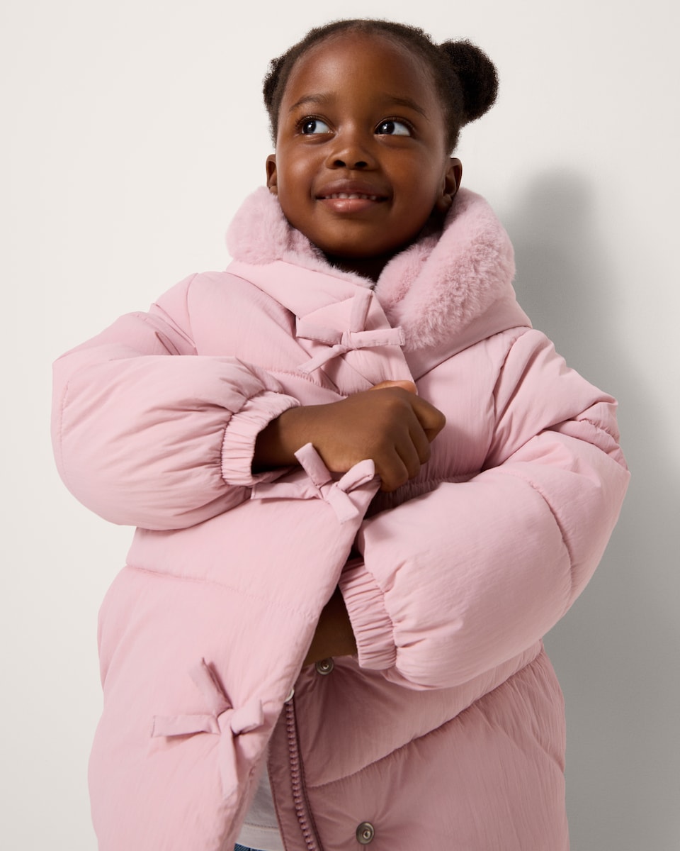 image 1 of F&F Girls Faux Fur Hood Puffer Coat in Pink