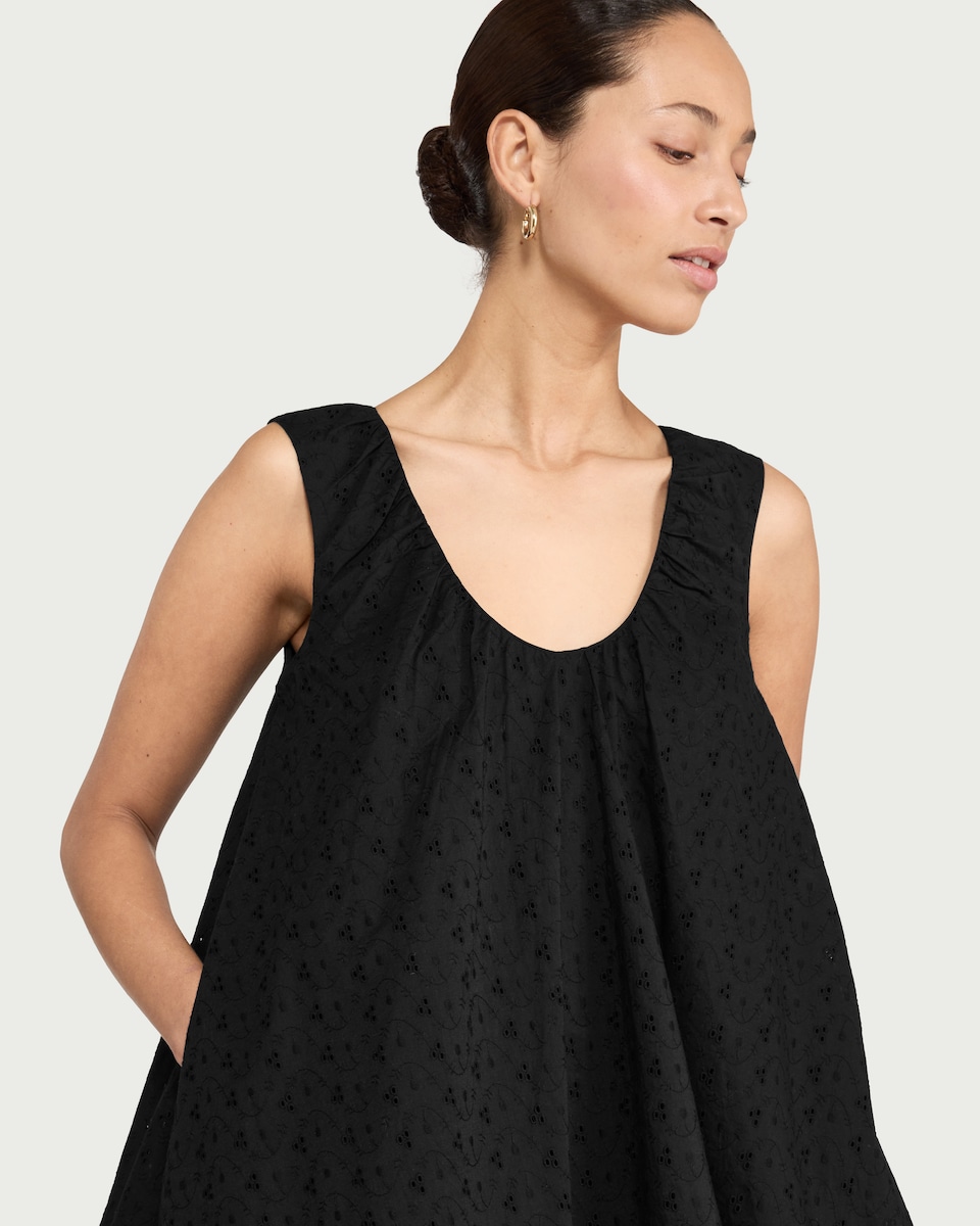 image 1 of F&F Pure Cotton Broderie Scoop Neck Sleeveless Dress in Black