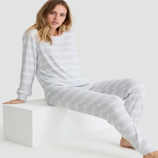 F&F Ribbed Stripe Print Long Sleeved Top and Joggers Pyjamas in Grey