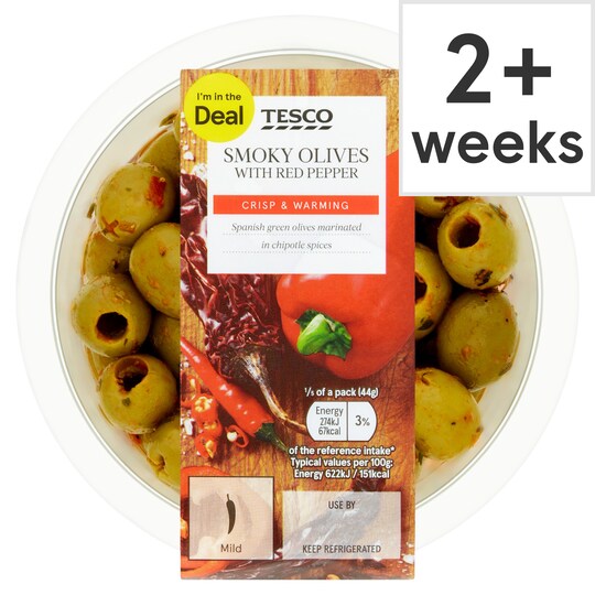 Tesco Smoky Olives With Red Pepper 220G Tesco Groceries