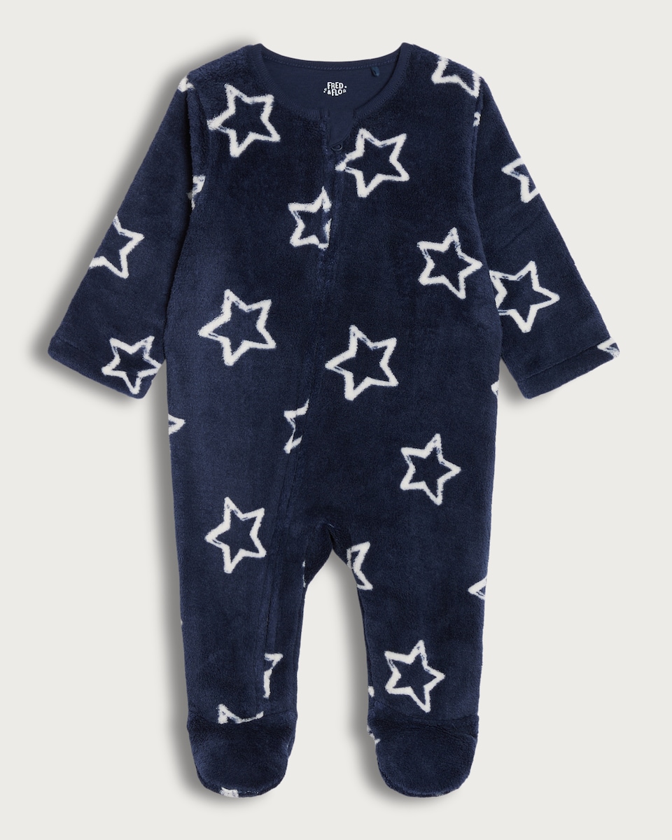 image 1 of F&F Baby Fleece Star Print Sleepsuit in Navy