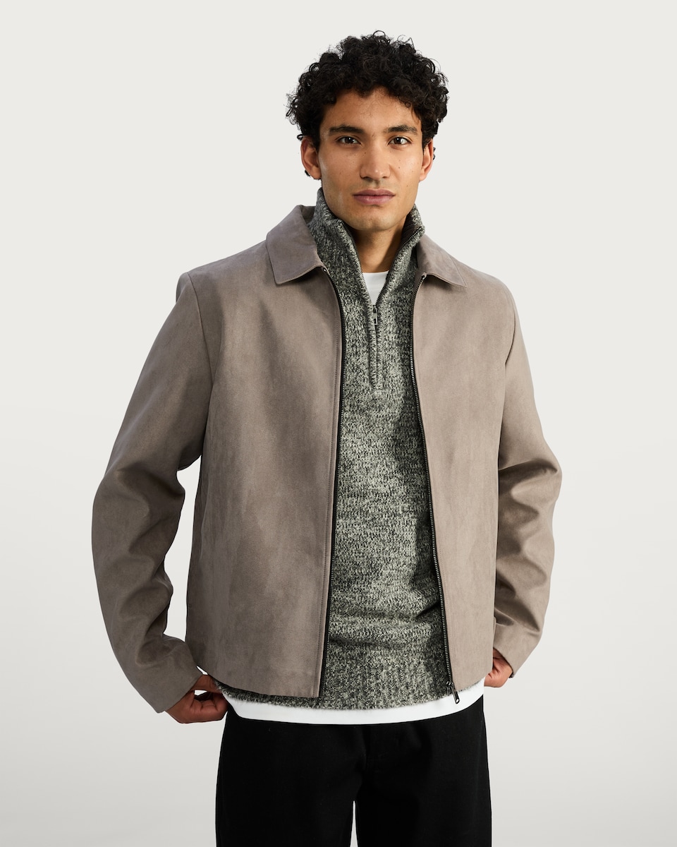 image 1 of The F&F Edit Faux Suede Zip Through Collared Jacket in Grey