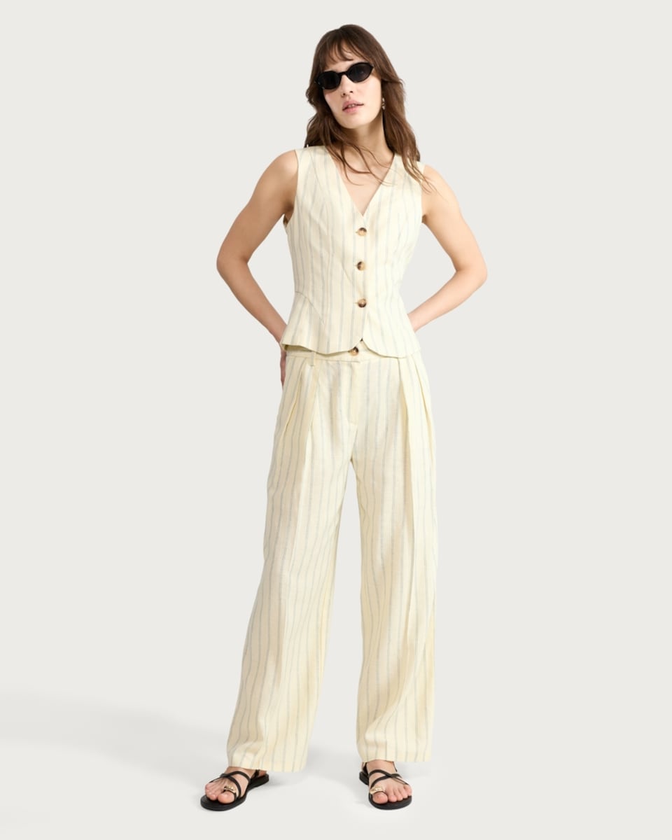 image 1 of The F&F Edit Linen Rich Striped Buttoned Co-ord Waistcoat in Yellow