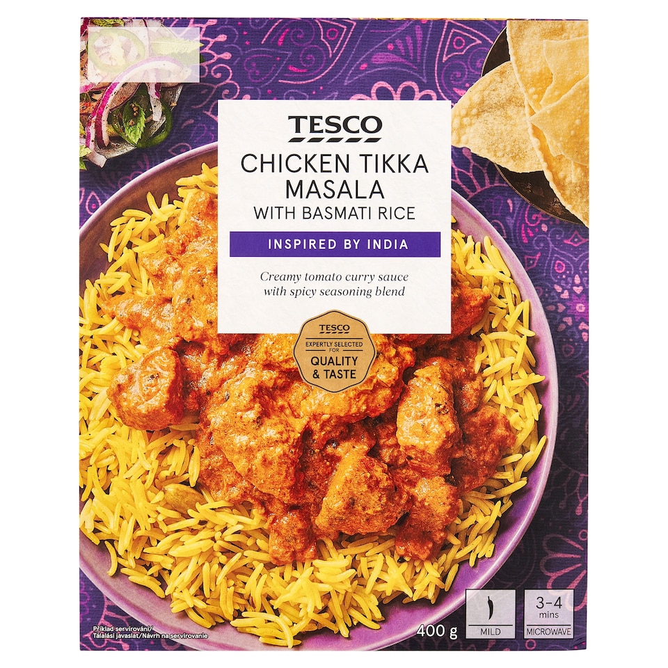 Tesco Cibulovo-smetanová omáčka tikka masala s vařenou basmati rýží a pečeným kuřecím masem 400g