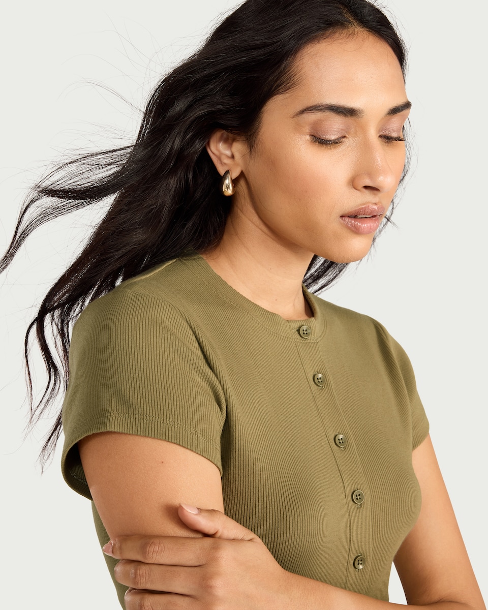 image 1 of F&F Cotton Rich Ribbed Button Up Top in Olive
