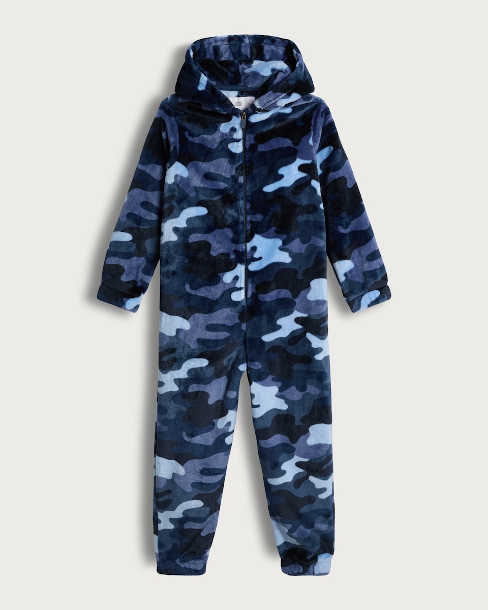 F&F Camouflage Fleece Hooded Onesie in Blue