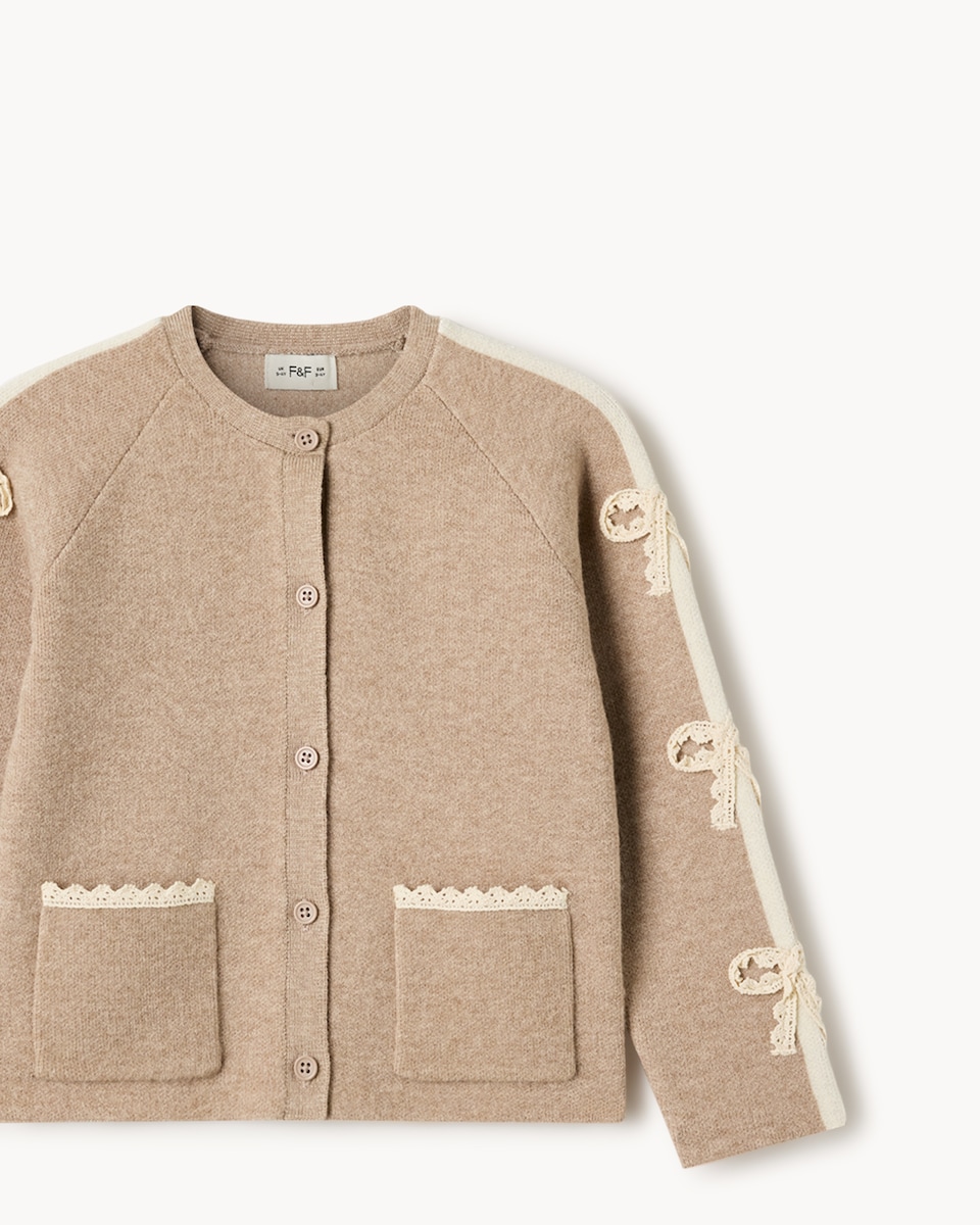 image 1 of F&F Girls Knitted Bow Cardigan and Wide Leg Trousers Set in Tan