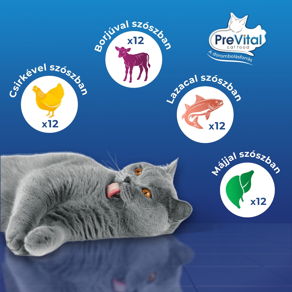 PreVital nedves macskaeledel, macskatáp felnőtt macskáknak szószban alutasakos 48 x 100 g  1. kép