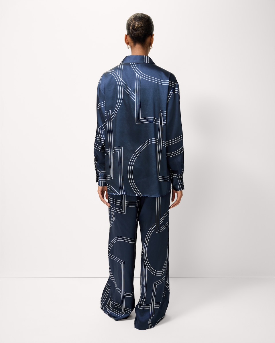 image 1 of F&F Satin Geometric Print Co-ord Trousers in Navy
