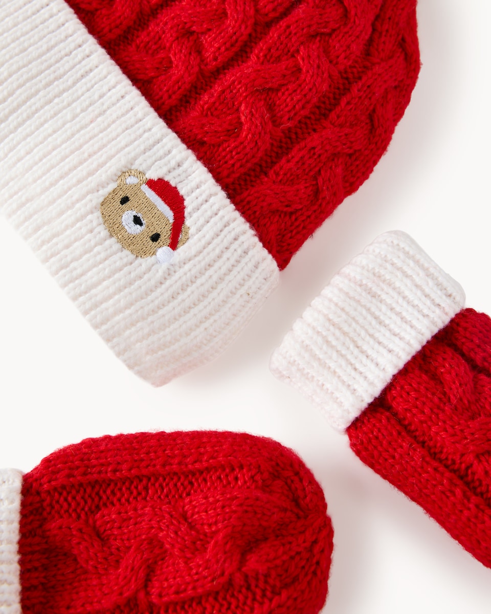 image 1 of Christmas Baby Cable Knitted Hat and Mittens Set in Red