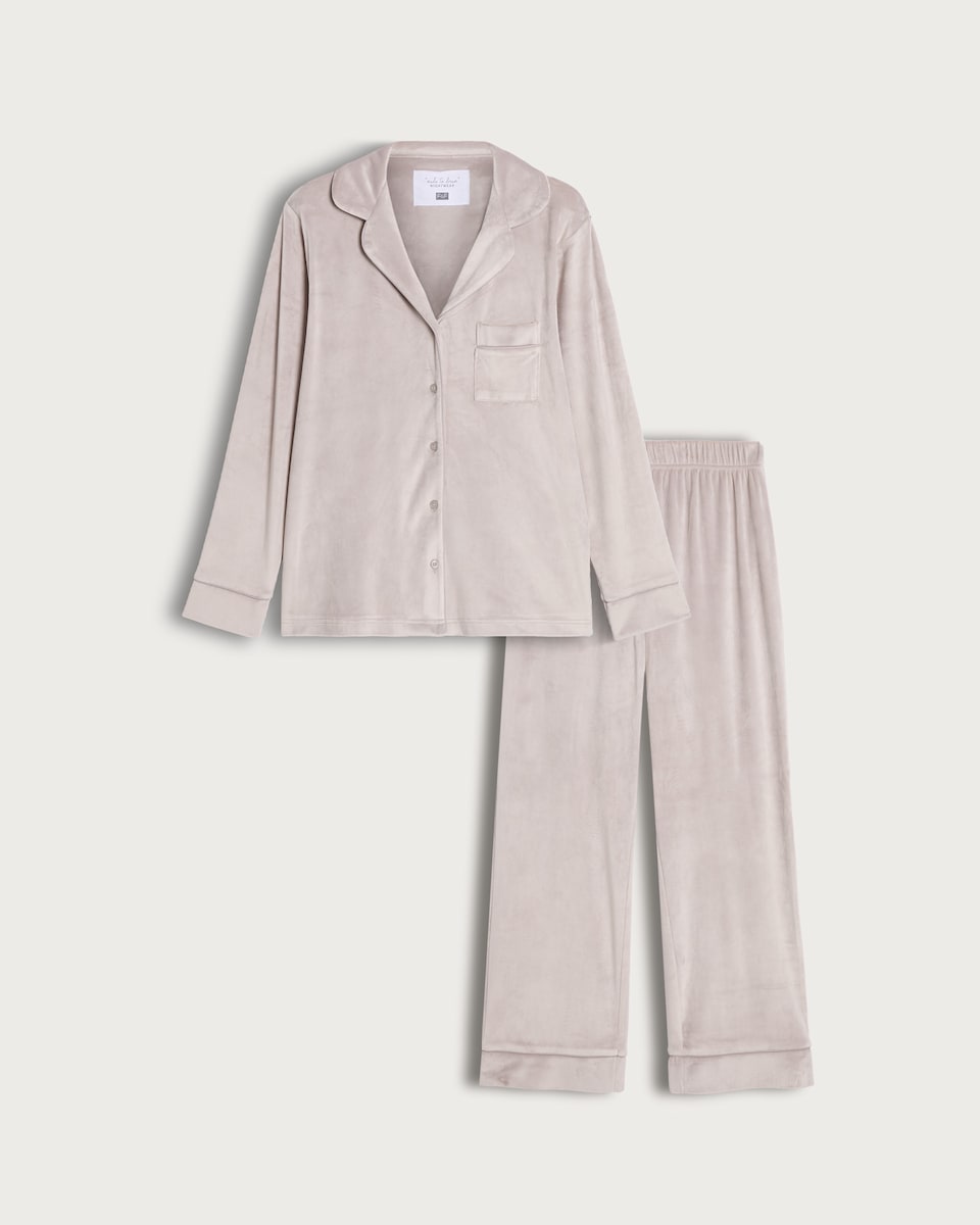 image 1 of F&F Velour Textured Shirt and Trousers Revere Pyjama Set in Purple