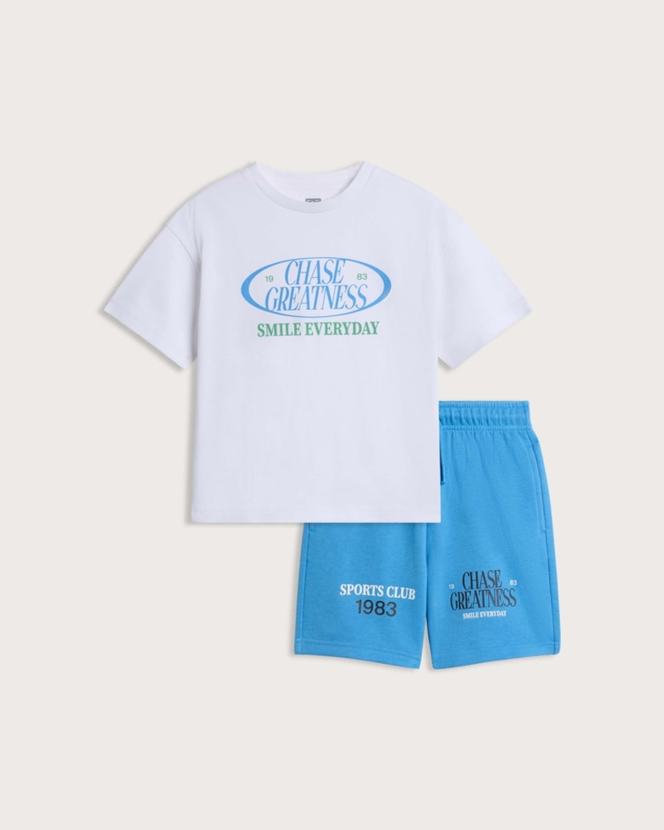 image 1 of F&F Boys 2-Piece Slogan T-Shirt and Shorts Set in White