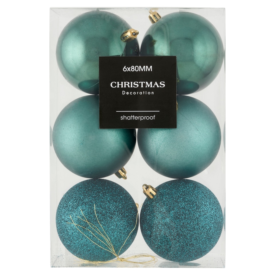 Tyrkysové nerozbitné vianočné gule 80 mm 6 ks