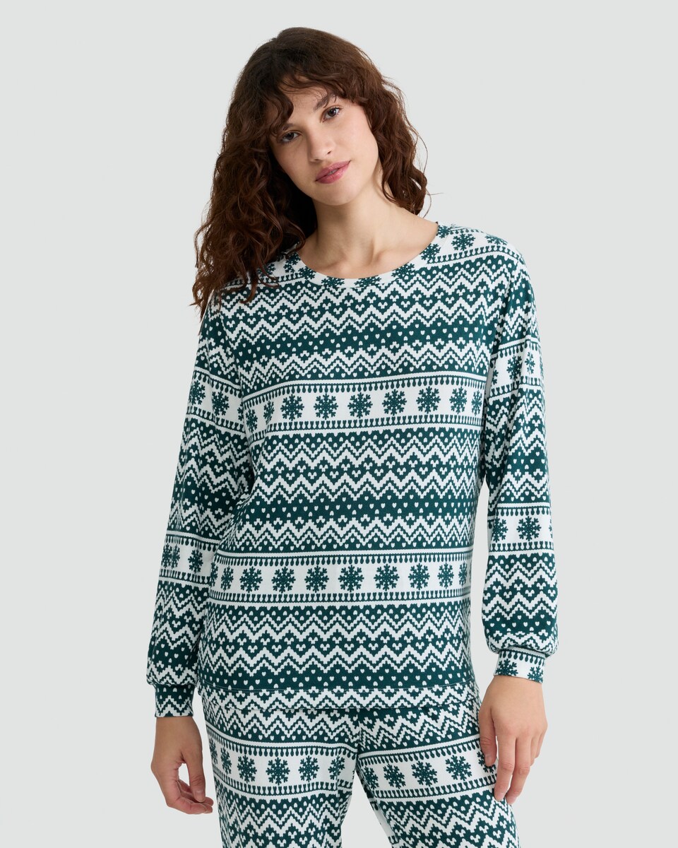 image 1 of F&F Fair Isle Print Top and Bottoms Pyjamas in Multi Green