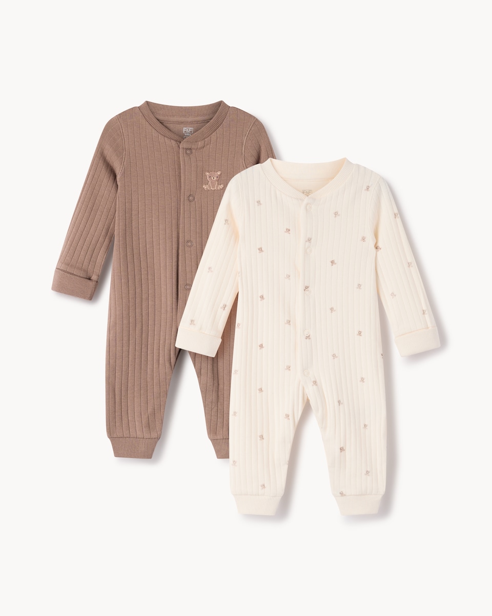 image 1 of F&F Baby 2-Pack Cotton Rich Ribbed Bear Sleepsuits in Neutral