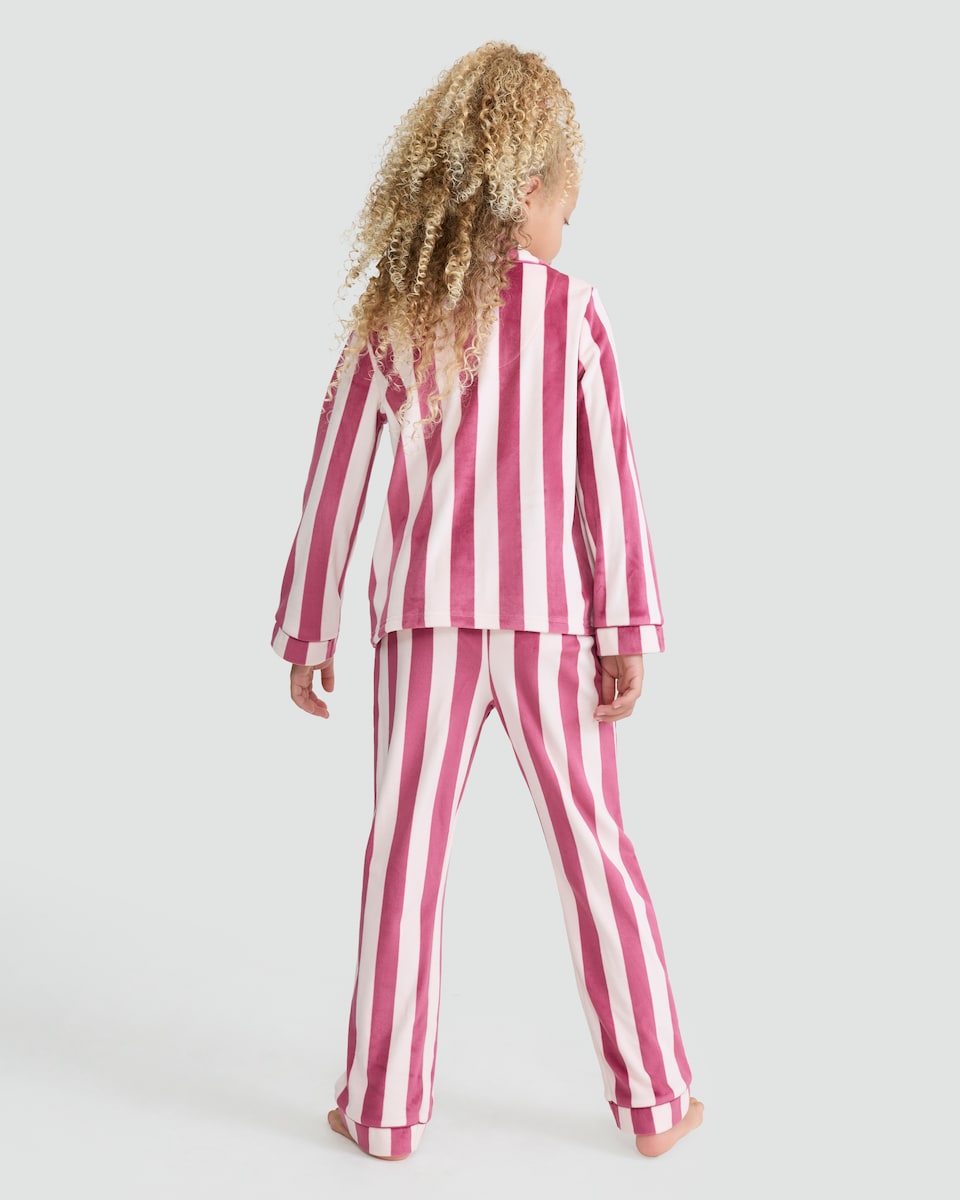 image 1 of F&F Girls Minky Fleece Stripe Print Pyjamas with Scrunchie in Pink Multi