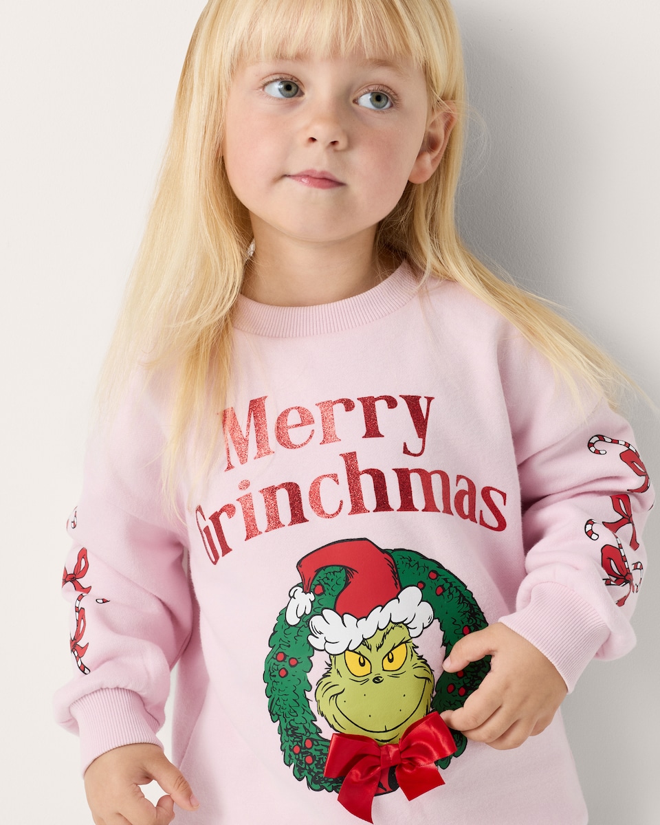 image 1 of Grinch Cotton Rich Christmas Print Sweatshirt in Pink