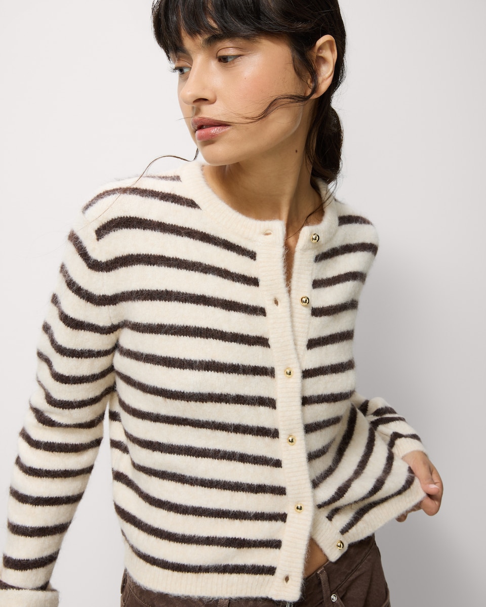 image 1 of F&F Striped Button Up Cardigan in Multi Brown