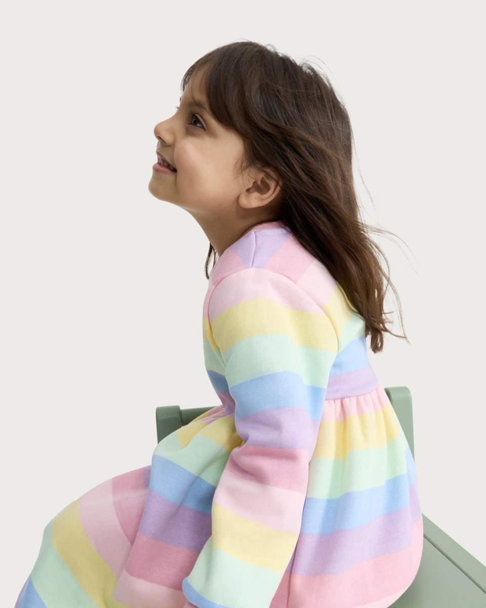 image 1 of F&F Girls Cotton Rich Rainbow Long Sleeved Sweater Dress in Multi Pink