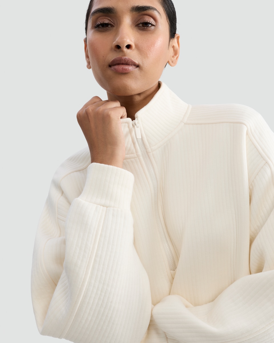 image 1 of F&F Active Pure Cotton Ribbed Half Zip Sweatshirt in Cream