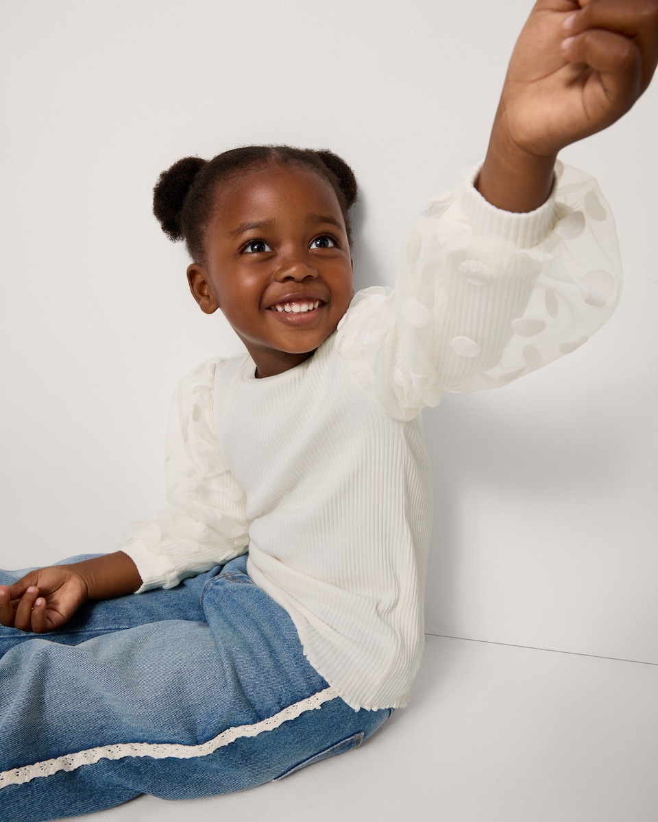 image 1 of F&F Girls Polka Dot Sleeved Ribbed Top in Cream
