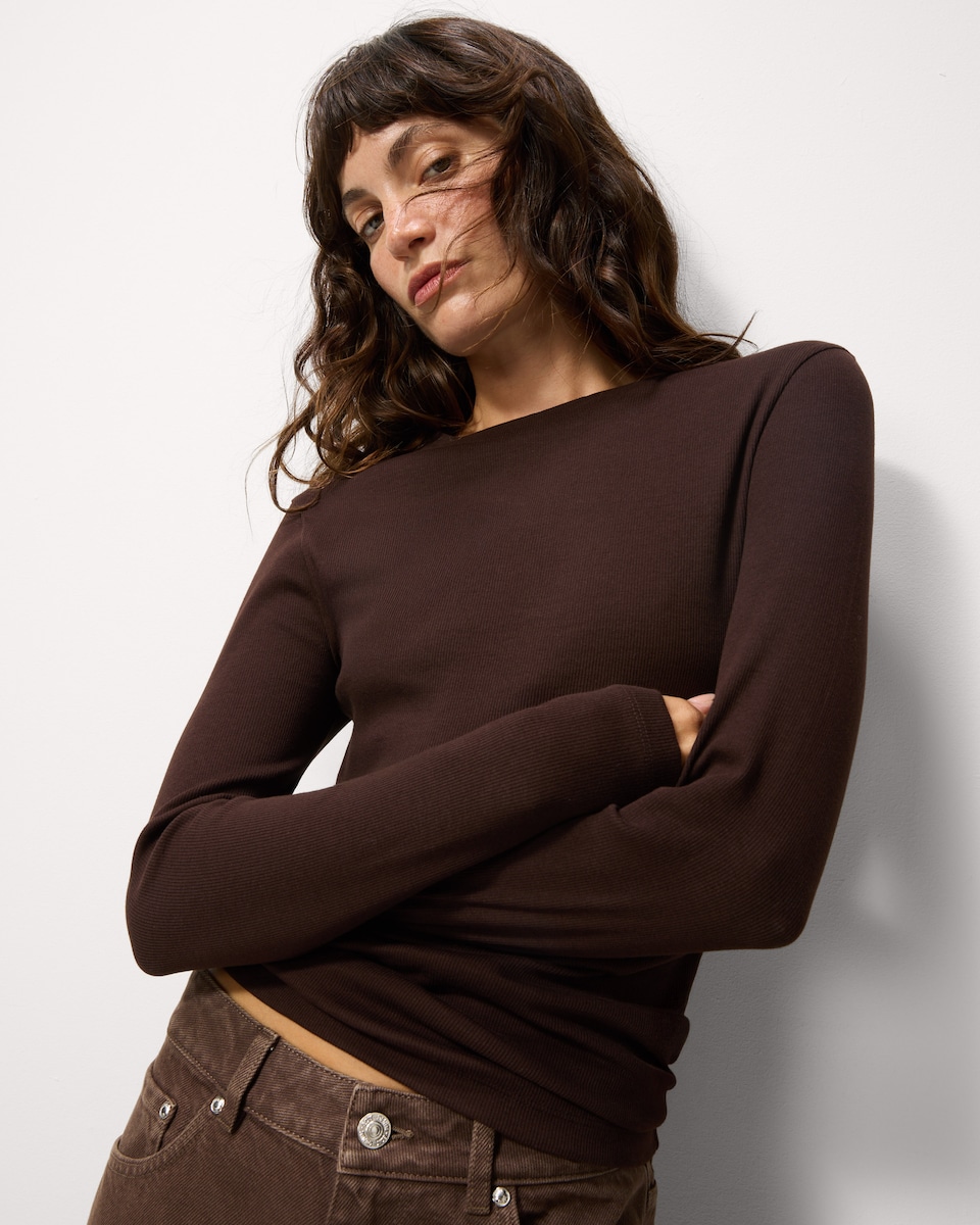 image 1 of F&F Cotton Rich Ribbed Long Sleeved Top in Chocolate