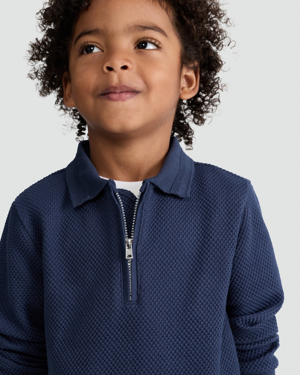 image 1 of F&F Boys Cotton Blend Textured Half Zip Polo Top in Navy