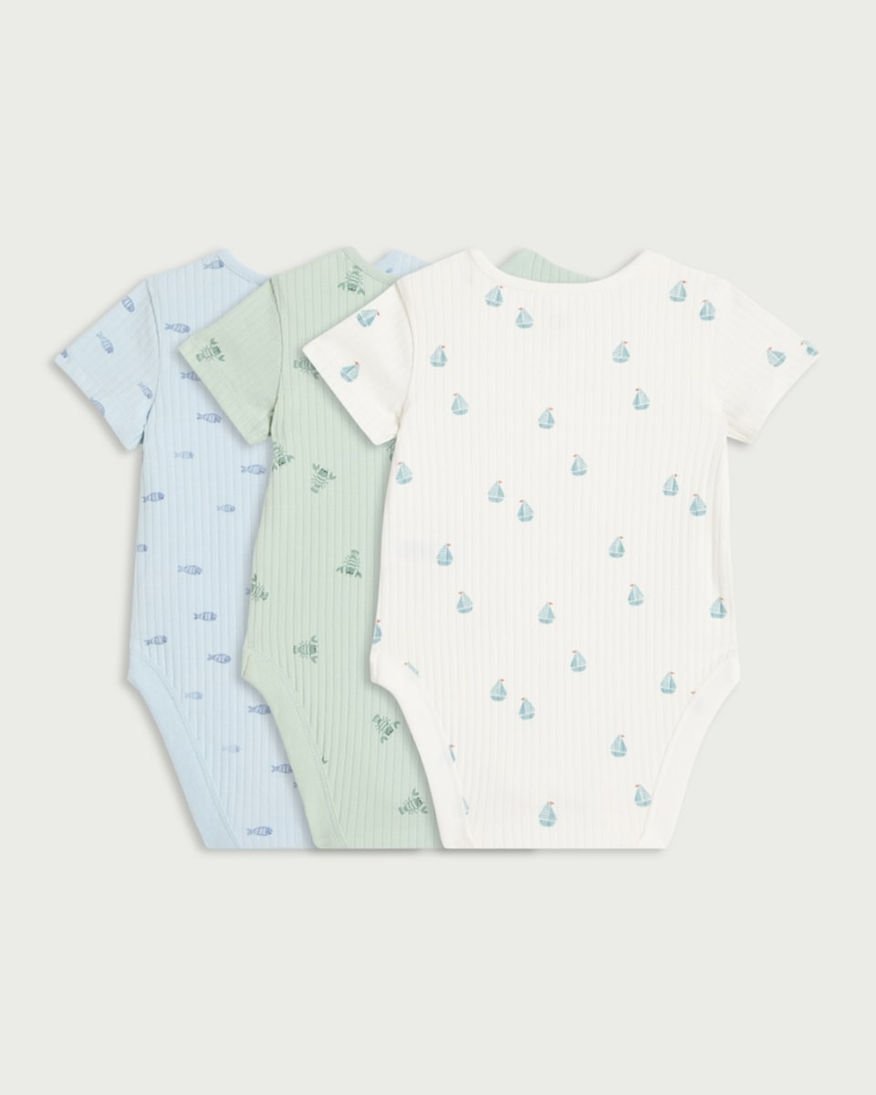 image 1 of F&F Baby 3-Pack Cotton Rich Printed Short Sleeved Bodysuits in White