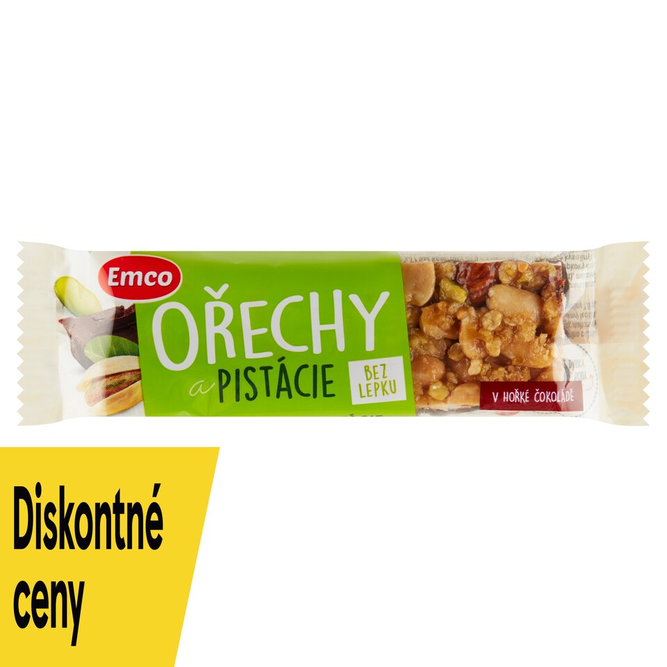 Emco Arašidová tyčinka s mandľami a pistáciami polomáčaná v horkej čokoláde 35 g