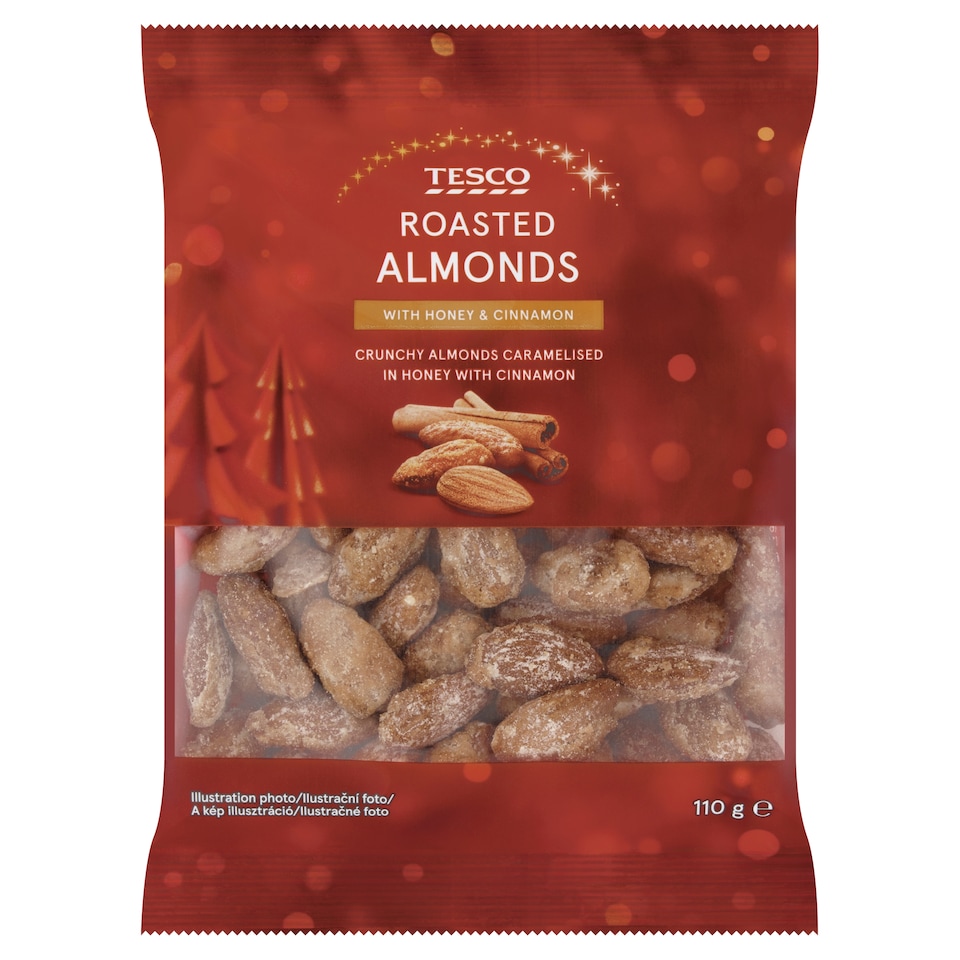 Tesco Mandle jádra neloupaná pražená a karamelizovaná v cukru a medu se skořicí 110g