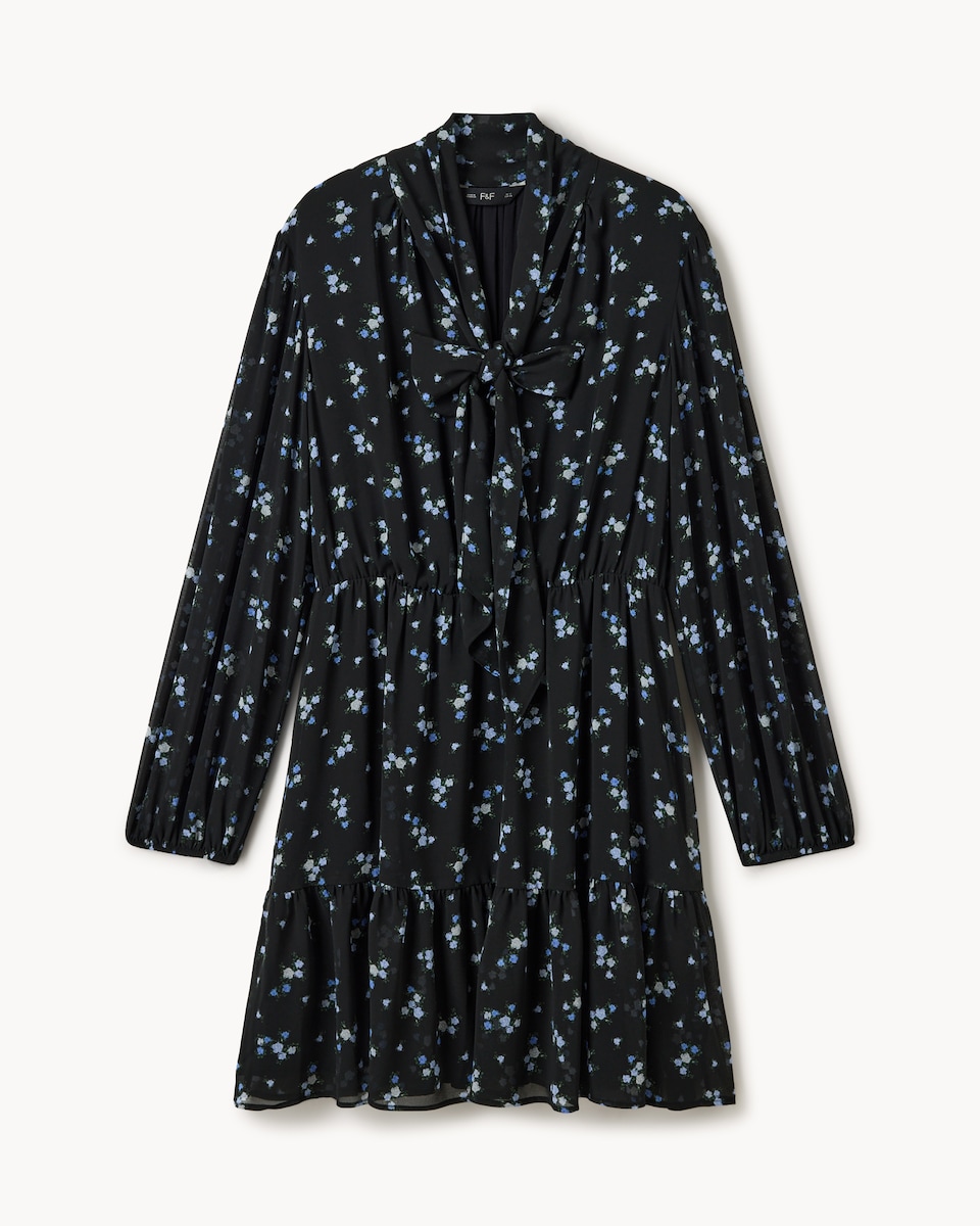 image 1 of F&F Ditsy Floral Tie Neck Mini Dress in Multi Black